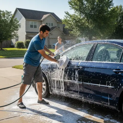 Man washing a soapy car in a driveway