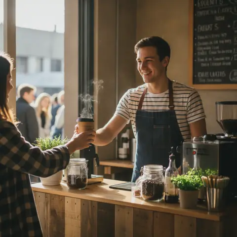 Barista handing a customer their coffee