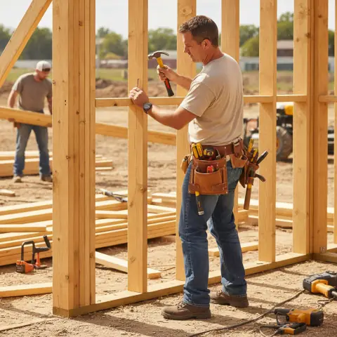 Contractor framing a wall on a job site