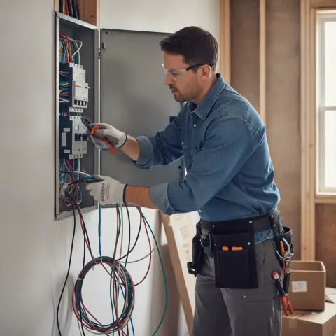 Electrician working in an open breaker panel