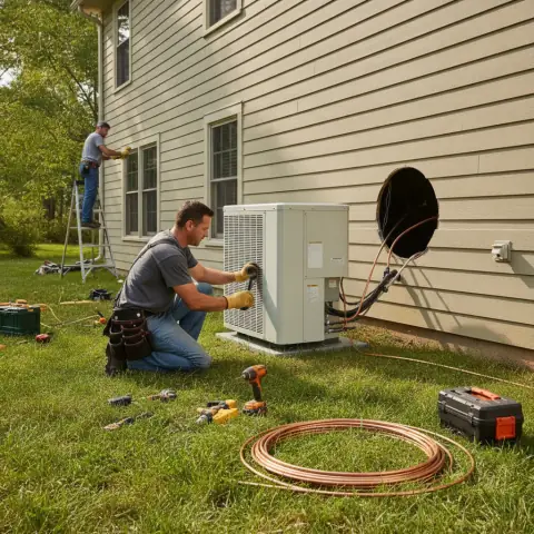 Technician installing an air conditioning unit