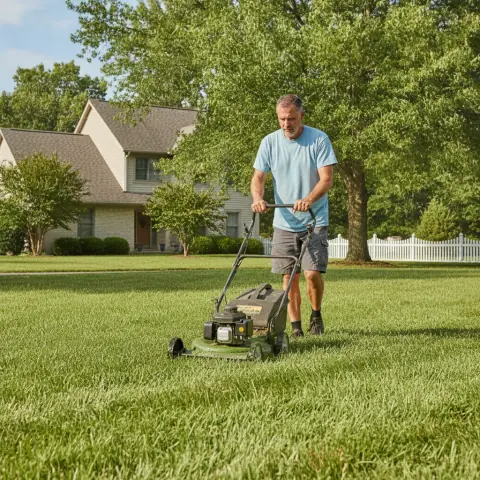 Man mowing a green lawn with a push mower