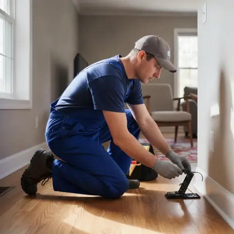 Exterminator setting a mouse trap along a wall