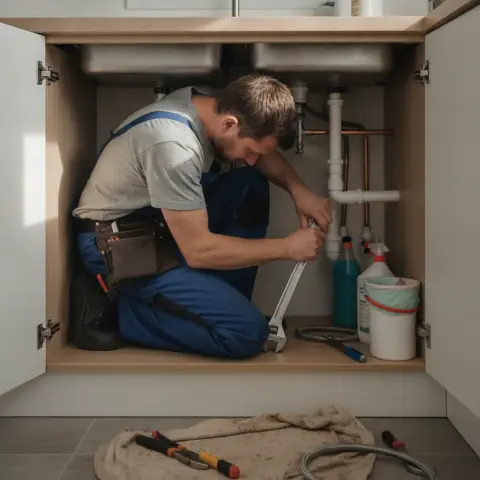Plumber fixing pipes under a kitchen sink