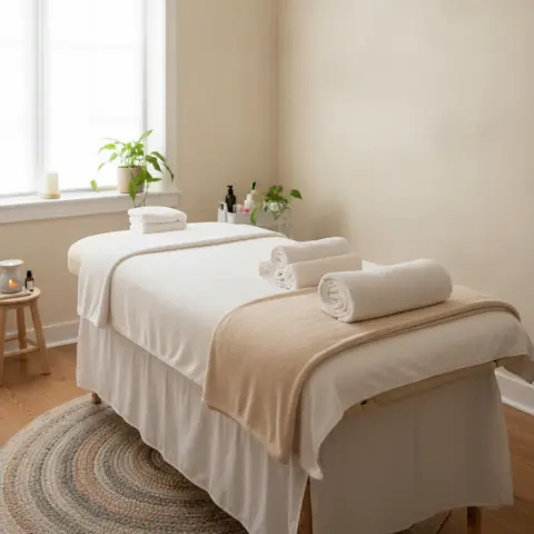 Massage table with fresh white towels